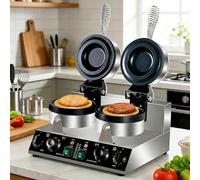 VNATWGOO Machine à Gaufres à Burgers GlacéS Professionnelle, Plaques en Acier Inoxydable AntiadhéSives, ContrôLe De TempéRature IndéPendant pour Burgers GlacéS, Petits-DéJeuners DoubleHead