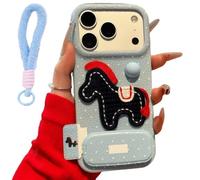 VNDGEOUH Étui de téléphone Pony avec Support Miroir, Un étui de téléphone Poney brodé Rouge, for iPhone 12/13/14/15/16/17 Pro Max Series(Blue,for 12)