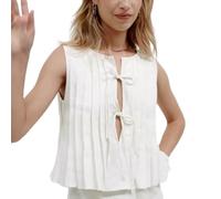 VNDUIFH Débardeur en Lin noué sur Le Devant, Chemise à Volants Babydoll Y2K, Chemises plissées sans Manches pour Femmes, Gilet décontracté, Chemises Mignonnes (B,S)