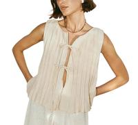 VNDUIFH Débardeur en Lin noué sur Le Devant, Chemise à Volants Babydoll Y2K, Chemises plissées sans Manches pour Femmes, Gilet décontracté, Chemises Mignonnes (A,S)