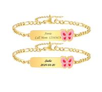 VNOX Bracelet Enfant Securite Gourmette Personnalisable: 2 Pièces Bracelet Identification Enfant Gravure de Prenom Personnalisés Bracelet Bébé Cadeau Bapteme Fille Garcon(Papillon)