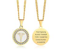 VNOX Hommes Femmes Pharmacy Caduceus Médicale Alert ID Cubic Zirconia Round Pendant Collier Or,Gravure Gratuite