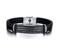 VNOX Personnaliser Gravure Bracelet d'identification en cuir noir en acier inoxydable Citation inspirante Message aux hommes Bracelets au père/BF/Amour,Cadeau d'anniversaire pour la fête des pères
