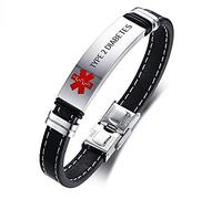 VNOX Type 2 Diabetes Cuir Identification Médicale Alerte Acier Inoxydable Bracelet Manchette Cuir Message Identification Médicale Réglable