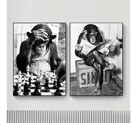 VNPQC Drôle Singe Jouer aux échecs Lire Journal Toile Peintures Noir Blanc Mur Art Affiches Imprime Photo Pour Salon Décor 50x70cmx2 Sans Cadre