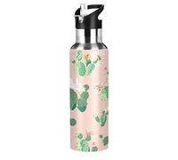 Vnurnrn Cactus Plantes Roses Bouteille d'eau Isotherme en Acier Inoxydable Isolé avec Paille Water Bottle(600 ML)