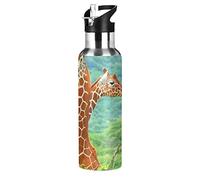 Vnurnrn Cerf Girafe Sauvage Africain Mignon Bouteille d'eau Isotherme avec Paille en Acier Inoxydable Gourde 600ML, Sans Bpa Gourdes Eau pour Enfant Sport Randonnée École Bureau