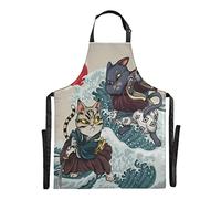 Vnurnrn Chaton De Chat De Dessin Animé Vague Japon Étanche Tablier de Cuisine avec 2 Poches pour Chef Boulanger Serveurs Hommes Enfant