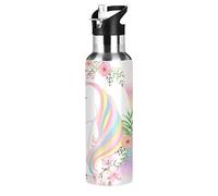 Vnurnrn Joli Cheval De Licorne Arc-En-Ciel Bouteille d'eau Isotherme avec Paille en Acier Inoxydable Gourde 600ML, Sans Bpa Gourdes Eau pour Enfant Sport Randonnée École Bureau