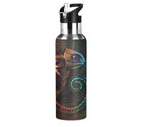 Vnurnrn Machines Mignonnes De Lézard Roi Caméléon Bouteille d'eau Isotherme avec Paille en Acier Inoxydable Gourde 600ML, Sans Bpa Gourdes Eau pour Enfant Sport Randonnée École Bureau