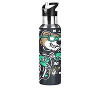 Vnurnrn Ours Mignon Dessin Animé Moto Bouteille d'eau Isotherme avec Paille en Acier Inoxydable Gourde 600ML, Sans Bpa Gourdes Eau pour Enfant Sport Randonnée École Bureau