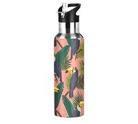Vnurnrn Perroquet Oiseau Toucan Tropical Bouteille d'eau Isotherme avec Paille en Acier Inoxydable Gourde 600ML, Sans Bpa Gourdes Eau pour Enfant Sport Randonnée École Bureau