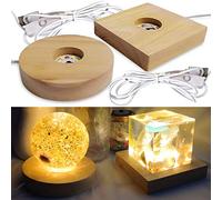 Voaesdk Lot de 2 bases de présentation en bois pour lampes LED de 9,4 cm - Support de lampe en bois éclairé pour laser 3D - Verre cristal et résine - Presse-papier cylindrique