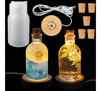 Voaesdk Moule en résine de silicone pour lampe de bouteille, abat-jour LED, 1 support de base en bois alimenté par USB et 5 bouchons en liège en bois pour bricolage, décoration de table, fête, mariage