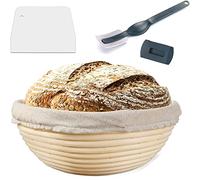 Voarge Corbeille de Fermentation Ronde, diamètre 25 cm, Un Panier de Fermentation en rotin Naturel Fait à la Main, avec Insert en Lin+grattoir à pâte + Couteau à Pain (Rond)