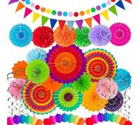 Voarge Kit Décoration Fête Colorée 34 Pièces, Éventails en Papier Suspendus, Pompons, Rubans en Tissu, Guirlandes de Fanions, pour Anniversaires