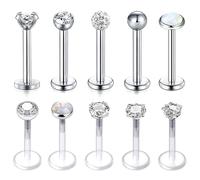 Voarge Lot de 10 piercings de lèvre de 8 mm - En acrylique transparent, 1.2 Millimeter, Aciers inoxydables