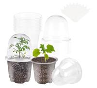 Voarge Lot de 10 pots de fleurs ronds de 10 cm avec dôme d'humidité et 10 piquets pour plantes, pots à orchidées, pots de fleurs ronds pour semis, semis