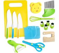 Voarge Lot de 17 couteaux de cuisine pour enfants - Avec emporte-pièces à légumes - Couteau en bois - Planche à découper - Cadeau de Noël ou d'anniversaire parfait pour les enfants