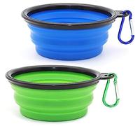 Voarge Lot de 2 gamelles pliables pour chien - Portable - En silicone - Anti-fuite - Avec crochets - Pour l'eau et la nourriture - 350 ml - Bleu et vert