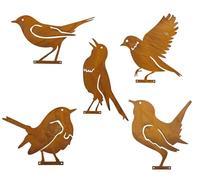 Voarge Lot de 5 oiseaux décoratifs rouillés - 5 oiseaux en métal patiné - Décoration de jardin - Aspect rouille - Avec filetage à vis - Piquet d'arbre pour bois - Clôture - Décoration de jardin