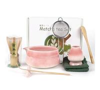 Voarge Lot de 8 bols à matcha en céramique (Chawan) avec bec verseur et fouet en bambou, kit de matcha japonais pour les amateurs de matcha, dégradé de couleur rose