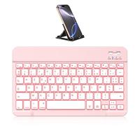 Vobafe Bluetooth Clavier sans Fil pour iPad Air/Pro/Mini/A16/11/10.9/10.2/iPhone, avec Support Téléphone, Clavier Tablette AZERTY Français pour iOS/Android/Windows, Lumière 7 Couleurs, Rose Clair
