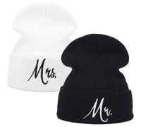 Vobumix Bonnets Brodés Mrs Couple, 2 Pièces, Chapeaux Chauds d'hiver Tricotés pour Mariée Le Marié, pour l'anniversaire des Nouveaux Mariés, Lune De