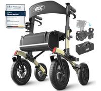 VOCIC Deambulateur 4 roues pliable leger pour personnes âgées，Tout-Terrain | Assise et panier,Z52 Déambulateur en aluminium réglable en hauteur pour l'extérieur et les voyages,Champagne(Support 5 ans)