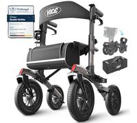 VOCIC Deambulateur 4 roues pliable leger pour personnes âgées，Tout-Terrain | Assise et panier,Z52 Déambulateur en aluminium réglable en hauteur pour l'extérieur et les voyages,Gris(Support 5 ans)