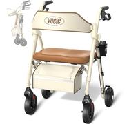 VOCIC Z63 Déambulateur pliable et léger avec siège, déambulateur étroit pour appartement avec résistance réglable, déambulateur pliable pour personnes âgées avec siège ergonomique, double réglage de