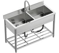 Vockol Évier Autoportant en Acier Inox 2 Bacs, Évier de Cuisine Commercial avec Robinet Extensible, Évier Professionnel pour Extérieur, Cuisine, Garage et Restaurant, 55P x 120L x 94H cm
