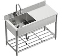 Vockol Évier Autoportant en Acier Inox avec Table de Travail, Évier de Cuisine Commercial avec Robinet Extensible, Évier Professionnel pour Extérieur, Cuisine, Garage, Restaurant, 55P x 120L x 94H cm