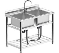 Vockol Évier Professionnel Inox 2 Cuves, 110 cm Evier Inox sur Pied avec Robinet, Évier Utilitaire, Évier Autoportant pour Extérieur, Cuisine, Garage, Buanderie, Restaurant, Jardin, 110 x 64 x 93 cm