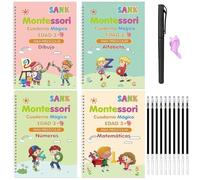 VODAFQS 4 Pièces Cahier d'Écriture Magique pour Enfants avec 1 Stylos, 10 Recharges et 1 Aides Écritures, Apprentissage de l'Écriture et du Dessin, avec Stylos et Aides à l'Écriture