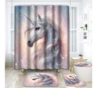 VODRM Lot de 4 rideaux de douche élégants licorne mystique avec tapis antidérapant, housse pour abattant de toilettes, tapis de bain, rideaux d'animaux magiques, décoration d'intérieur, cadeaux pour