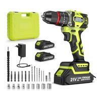 VOERJIA Perceuse Visseuse Sans Fil 21V, Perceuse Percussion Brushless 60Nm, 2 Batteries 2000mAh, 21+3 Couples, Mandrin 10mm, 2 Vitesses, LED, 29 Accessoires et Coffret