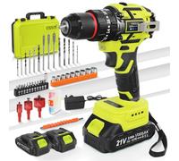 VOERJIA Perceuse Visseuse Sans Fil 21V, Perceuse Percussion Brushless avec 2 Batteries 2000mAh, 65Nm Couple Max, 20+3 Réglages de Couple, 2 Vitesses, LED, Mandrin 10mm, 46 Accessoires et Valise