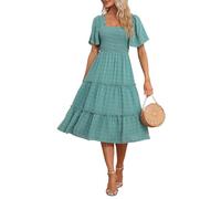 VOGMATE Robe à col carré à Manches Courtes pour Femmes Une Ligne Summer Flowy Maxi Robe Longue Plage Bleu Vert XL