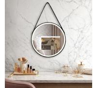 Vogo Miroir intelligent rond avec écran HD 15,6" et cordon en cuir - T50 | Panneau numérique avec date, heure et heure | Connexion Bluetooth | Rétroéclairage LED | Fonction anti-buée