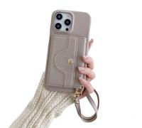 VogueSkin Étui portefeuille 3 en 1 en cuir de qualité supérieure, porte-cartes et miroir de maquillage caché avec béquille pliable avec lanière et fermoir à pression (gris, Phone 15 Plus)