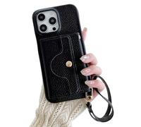 VogueSkin Étui portefeuille 3 en 1 en cuir de qualité supérieure, porte-cartes et miroir de maquillage caché avec béquille pliable avec lanière et fermoir mousqueton (noir, Phone 14 Plus)