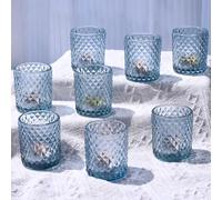Vohocandle Bleu Photophore Verre Lot de 12, Motif Diamant Bougeoir Verre pour la décoration d'automne, Contenant pour Bougie Chauffe-Plat Adaptés pour Thanksgiving, Noël et Les Fêtes(5,5 x 6,5 cm)