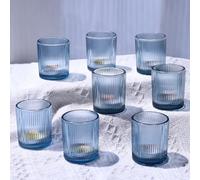 Vohocandle Lot de 12 photophores bleus en verre nervuré pour fête d'anniversaire, centre de table, bougeoirs pour Thanksgiving, Noël