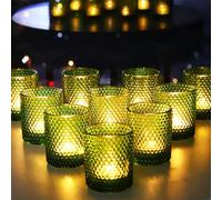 Vohocandle Lot de 12 photophores verts de Noël en verre avec bulles - Bougies chauffe-plat vintage en verre pour chambre, jardin, mariage ou autres célébrations (5,5 x 6,5 cm)