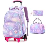 Voici et Voila 3pcs Sac à Dos Roulette Primaire Fille Cartable Scolaire à Trolley Bag Enfant Sac Roulette Ecolier CE Fille Lilas 32x18x45CM