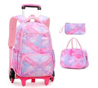 Voici et Voila Cadeaux Scolaire 3pcs Cartable Scolaire à Roulettes Filles Trolley Bag Sac à Dos Roulettes Filles Primaire Sac Cabine Voyage Fille Rose 31x16x45cm
