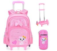 Voici et Voila Cadeaux Scolaire Sac à Dos Filles Roulette Cartable Roulettes Fille Trolley Sac Scolaire Fille Primaire CE Cartable Scolaire Roulettes Enfant Rose 30x18x45CM