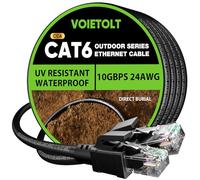 VOIETOLT Câble Ethernet Cat 6 d'extérieur de 91,4 m, 24 AWG, 10 Gbit/s, cordon Ethernet Cat6 haut débit, étanche, à enfouissement direct, gaine LLDPE UV, câble de réseau Internet, LAN avec 60 attaches