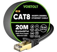 VOIETOLT Cat8 Câble Ethernet 20M,40Gbps/2000Mhz Haut Débit Plat Tresse RJ45 | Double Blindage S/FTP Gigabit RJ45 LAN Internet Câble Réseau Patch Compatible avec Routeur PS4/5, Ordinateur, Modem, PC, TV